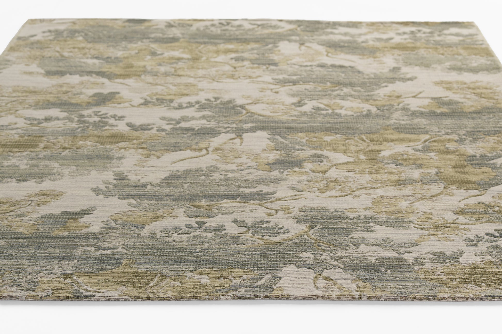 Barro Brown flat-weave rug with muted taupe, olive and beige damask pattern.