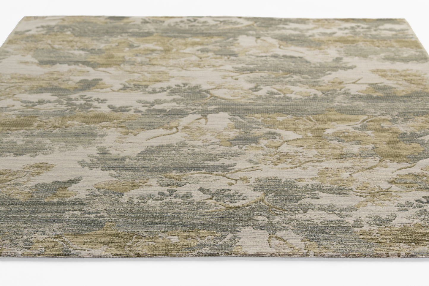 Muted gold, gray and beige floral damask area rug with textured weave, rectangular.