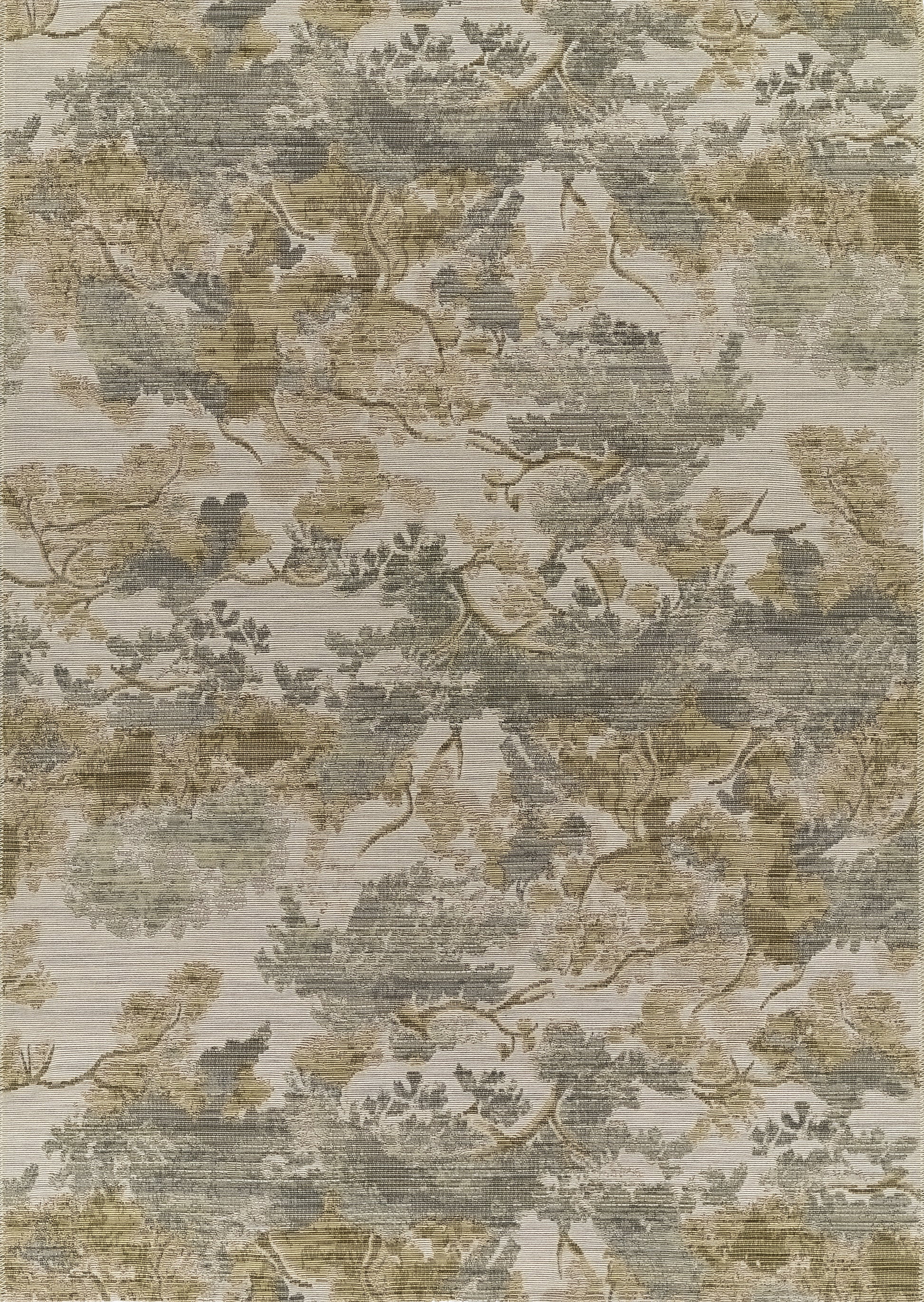 Barro Brown rug, 10' x 13', featuring a muted botanical damask pattern in beige, olive and gray tones.