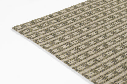 Neutral brown-beige geometric rectangular rug with striped pattern and woven texture.
