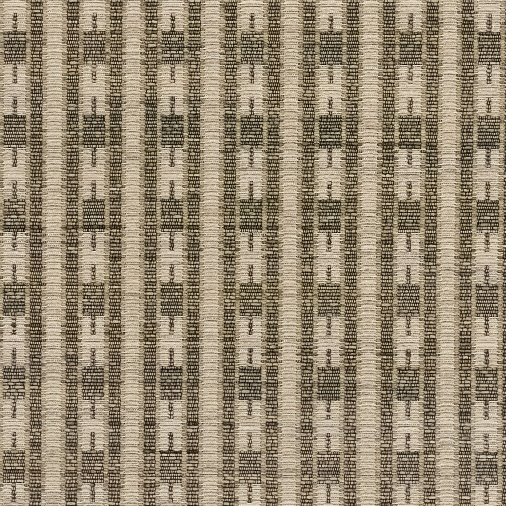 Beige woven rug with dark brown vertical geometric stripes and small rectangular motifs; kilim-style flat-weave rug