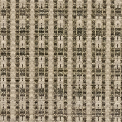 Beige woven rug with dark brown vertical geometric stripes and small rectangular motifs; kilim-style flat-weave rug
