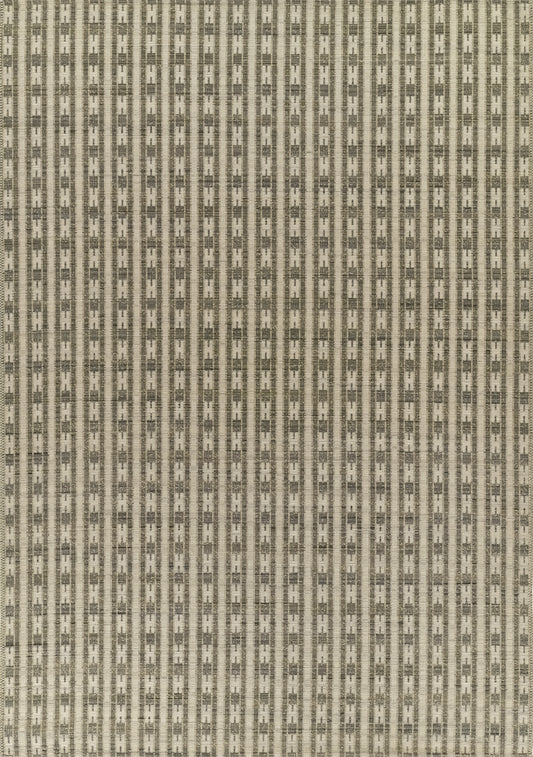 Beige woven area rug with narrow vertical brown stripes and small geometric blocks; 5' x 8'.