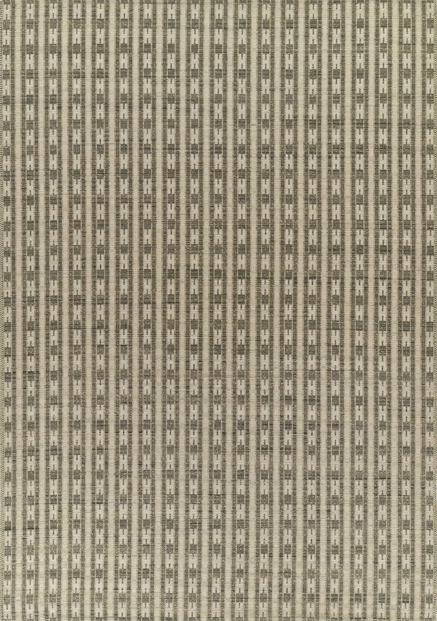 Beige rug runner with narrow vertical brown & olive-green stripes in a textured woven pattern.