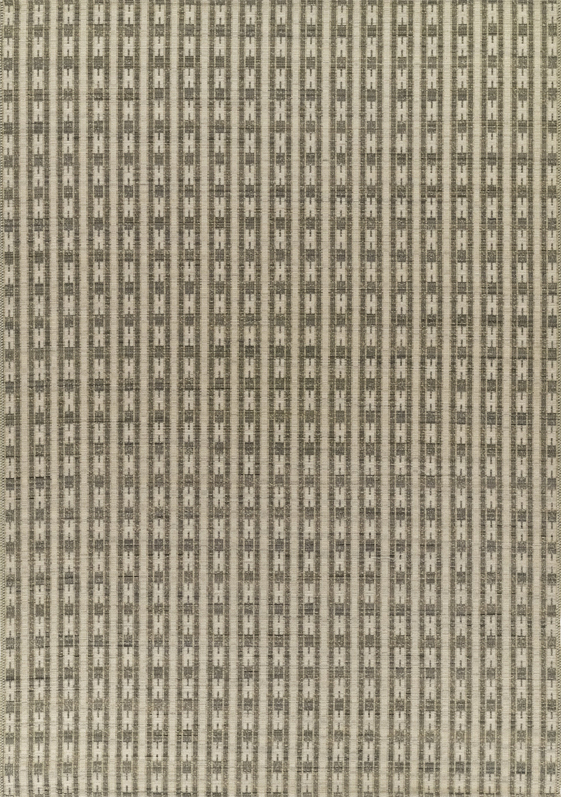 Beige rug runner with narrow vertical brown & olive-green stripes in a textured woven pattern.