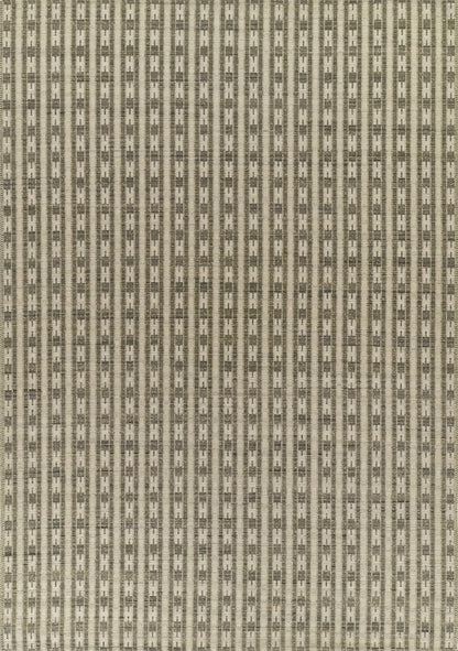 Beige rug runner with narrow vertical brown & olive-green stripes in a textured woven pattern.