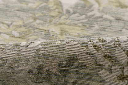Muted olive, beige and cream floral tapestry weave; woven rug texture with folded edge.