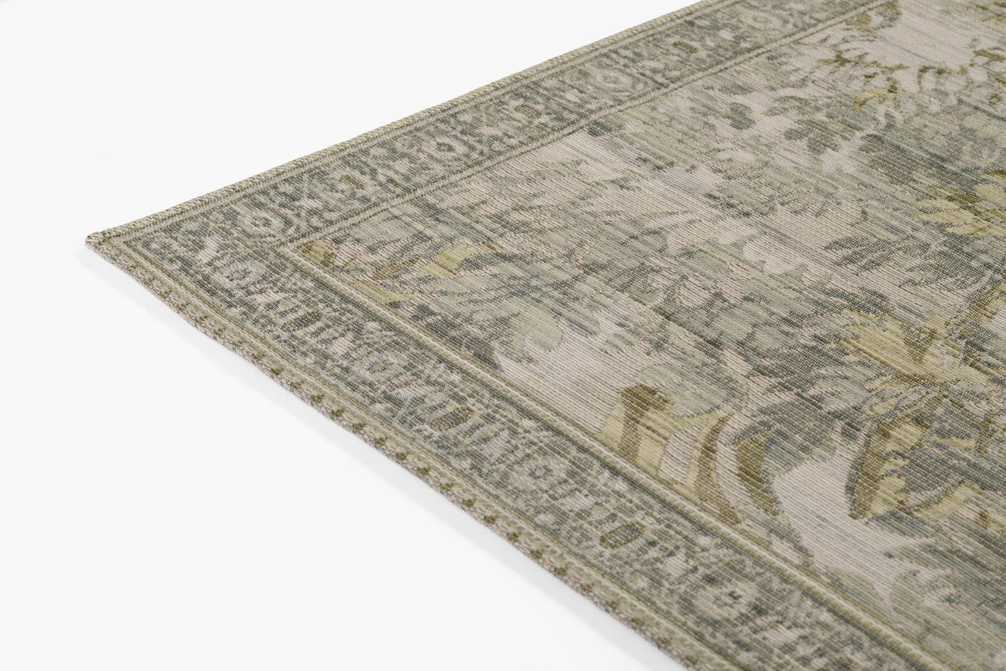 Muted taupe, sage and ivory floral runner with an ornate border in a vintage-style rectangular layout, 3' x 8'.