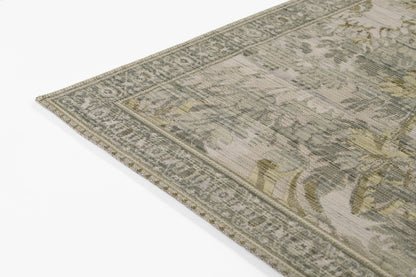 Muted taupe, sage and ivory floral runner with an ornate border in a vintage-style rectangular layout, 3' x 8'.