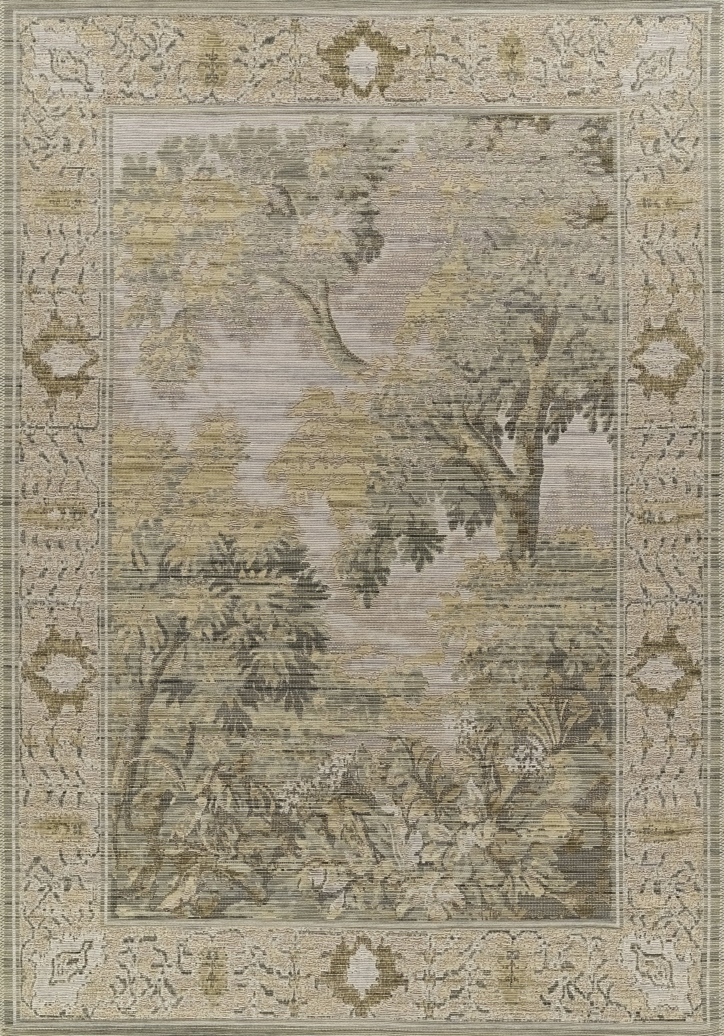 Neutral-toned vintage-style runner with a tree and foliage motif, soft beige, taupe, and ivory hues, ornate border, measures 3' x 8'.