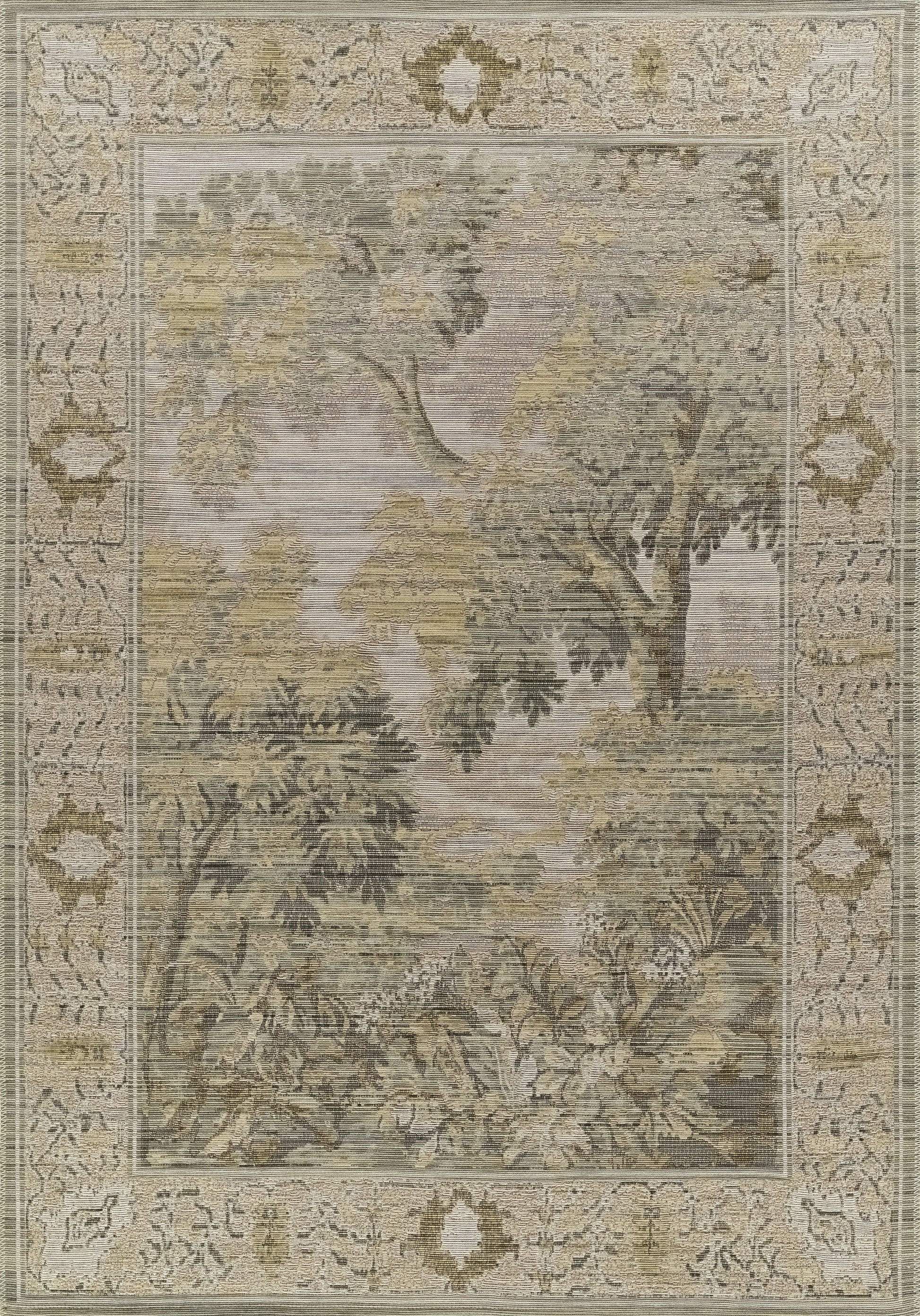 Neutral-toned vintage-style runner with a tree and foliage motif, soft beige, taupe, and ivory hues, ornate border, measures 3' x 8'.
