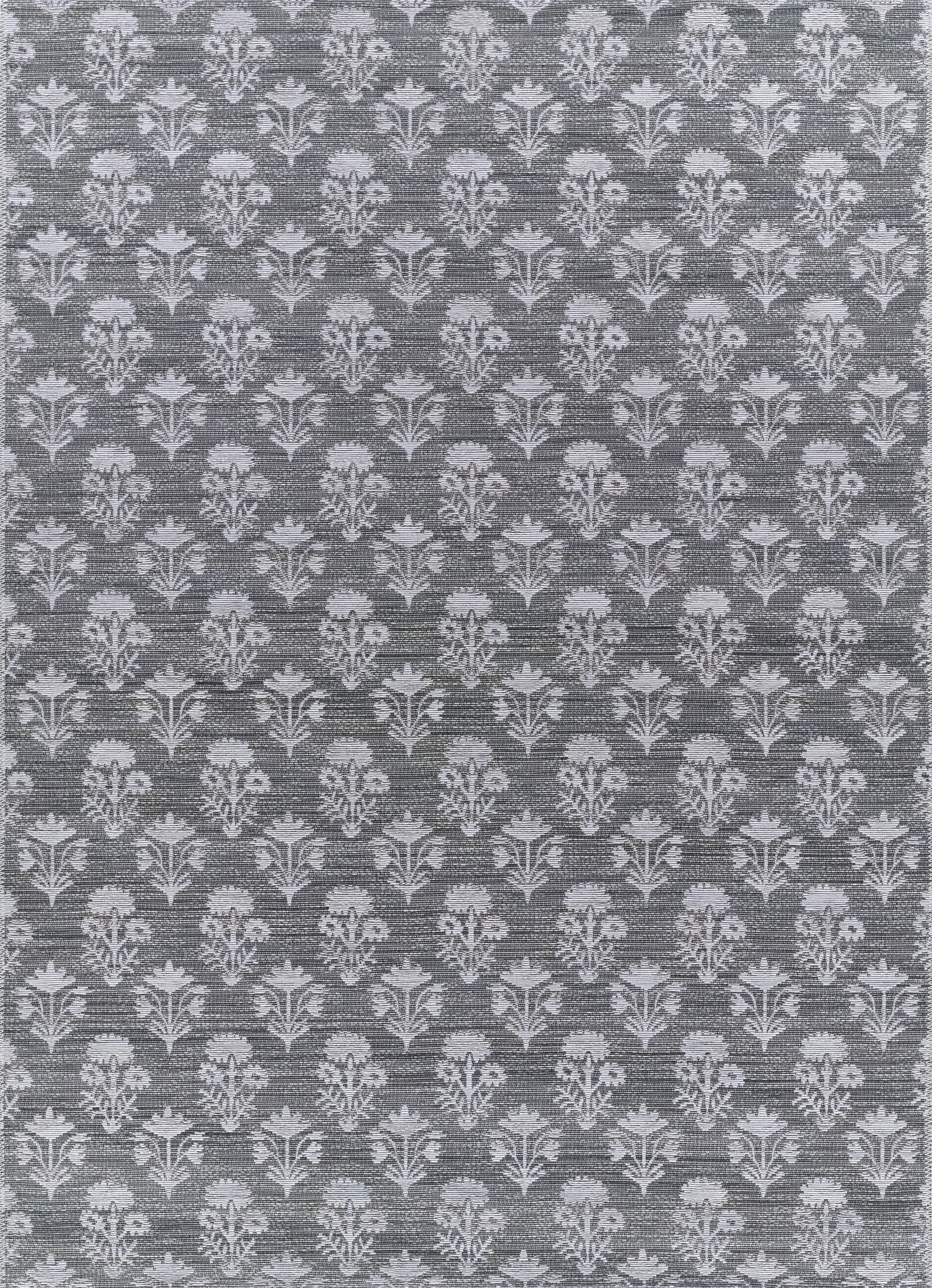 Grey-blue damask floral pattern on a woven 3' x 8' rug runner; repeating light bouquets against a textured background.