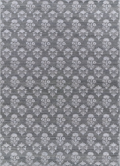 Blue-gray jacquard damask rug with light gray floral motifs, 7' x 9'.