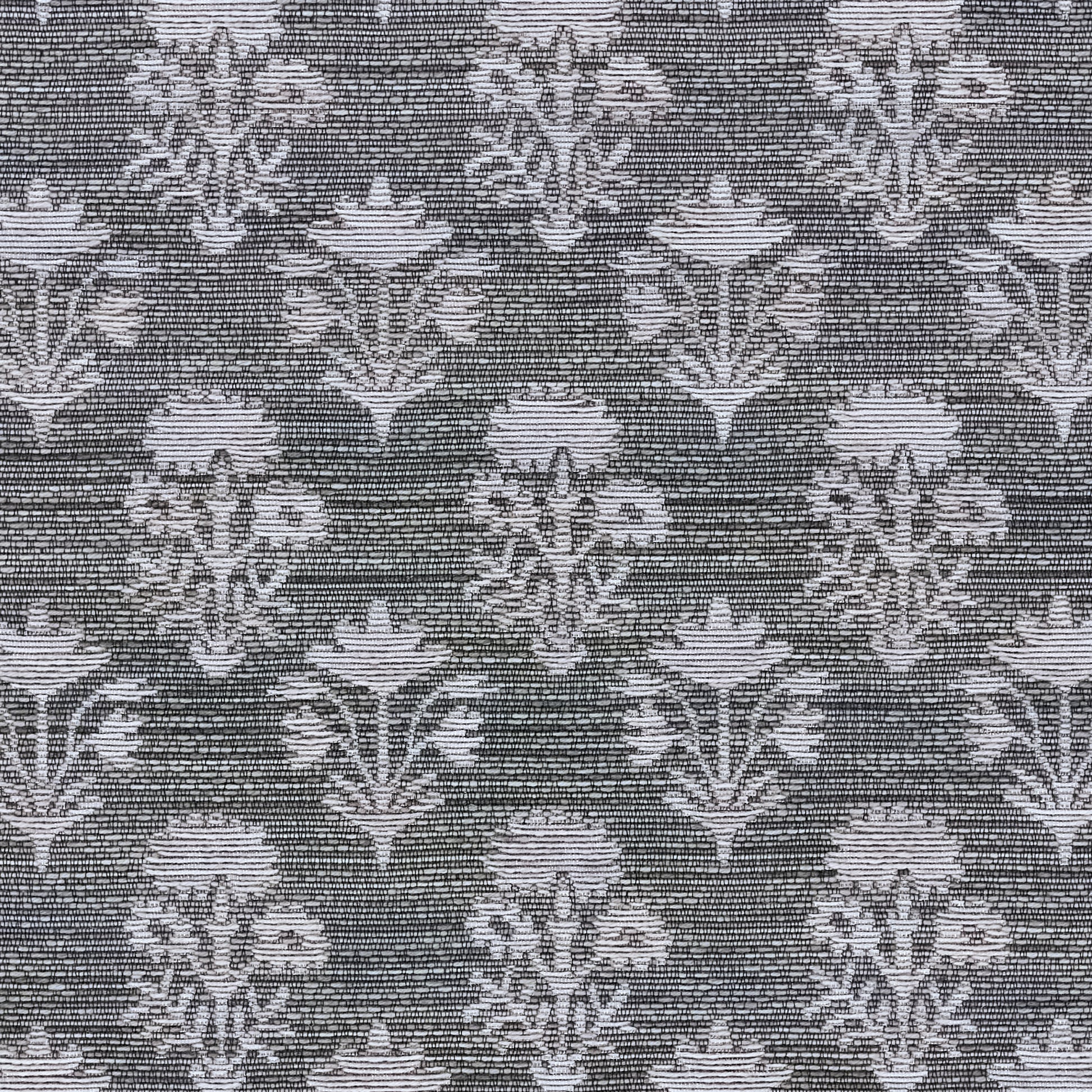 Blue-gray jacquard fabric with repeating light floral damask pattern; woven textile suitable for upholstery or drapery.