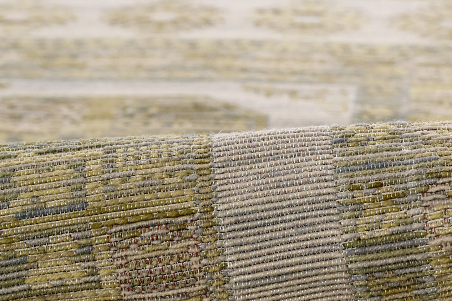 Barro Brown patchwork rug in olive, beige & tan tones, woven textured blocks.