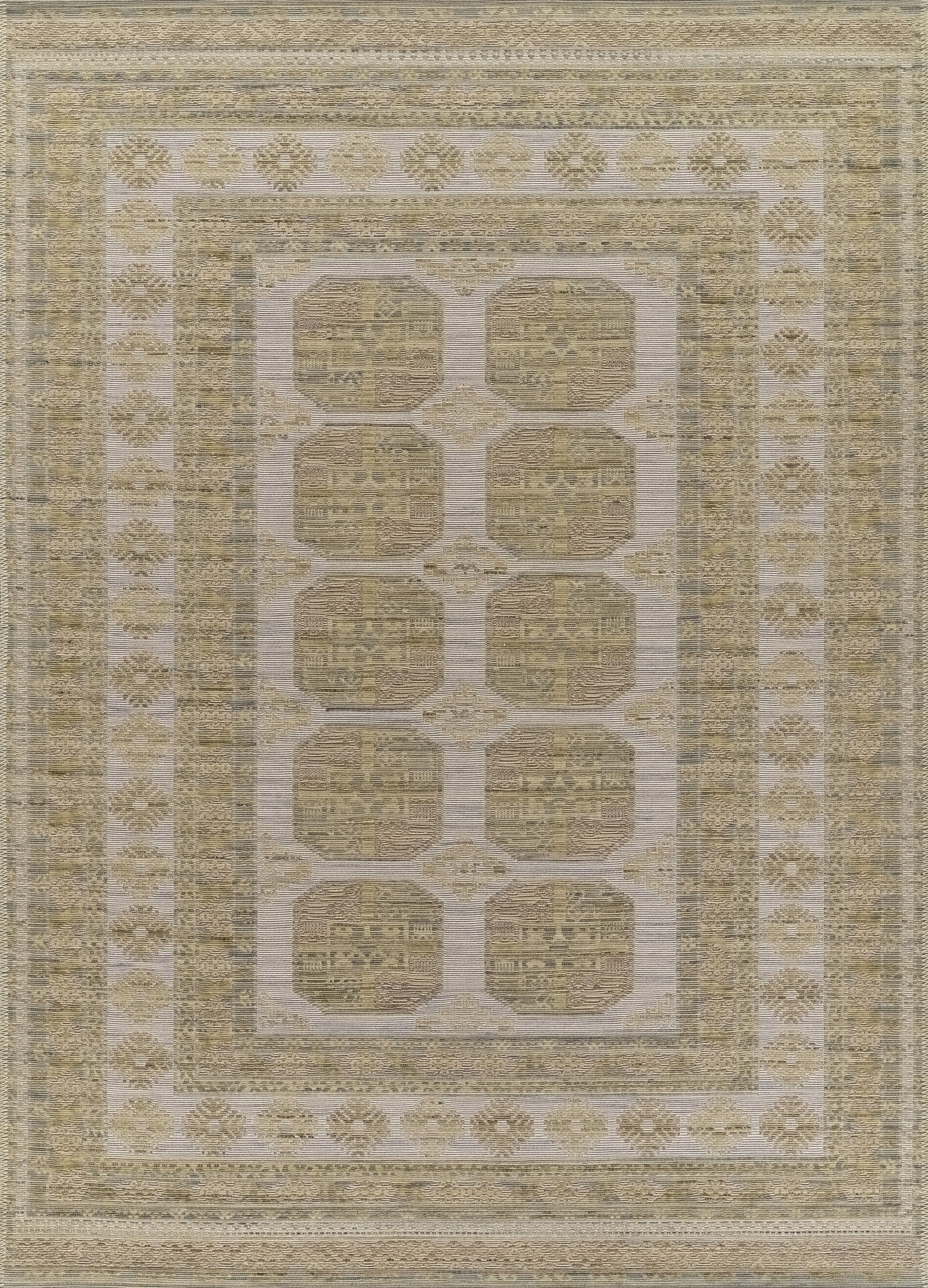 Beige and tan oriental area rug with a grid of rounded octagonal blocks, vintage distressed finish and floral border.