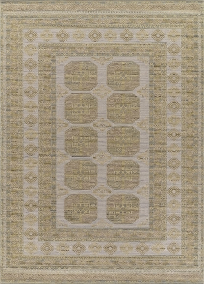 Beige and tan oriental area rug with a grid of rounded octagonal blocks, vintage distressed finish and floral border.