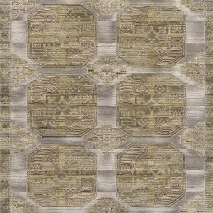 Earth-toned area rug with repeating rounded-square medallions and a woven geometric pattern.