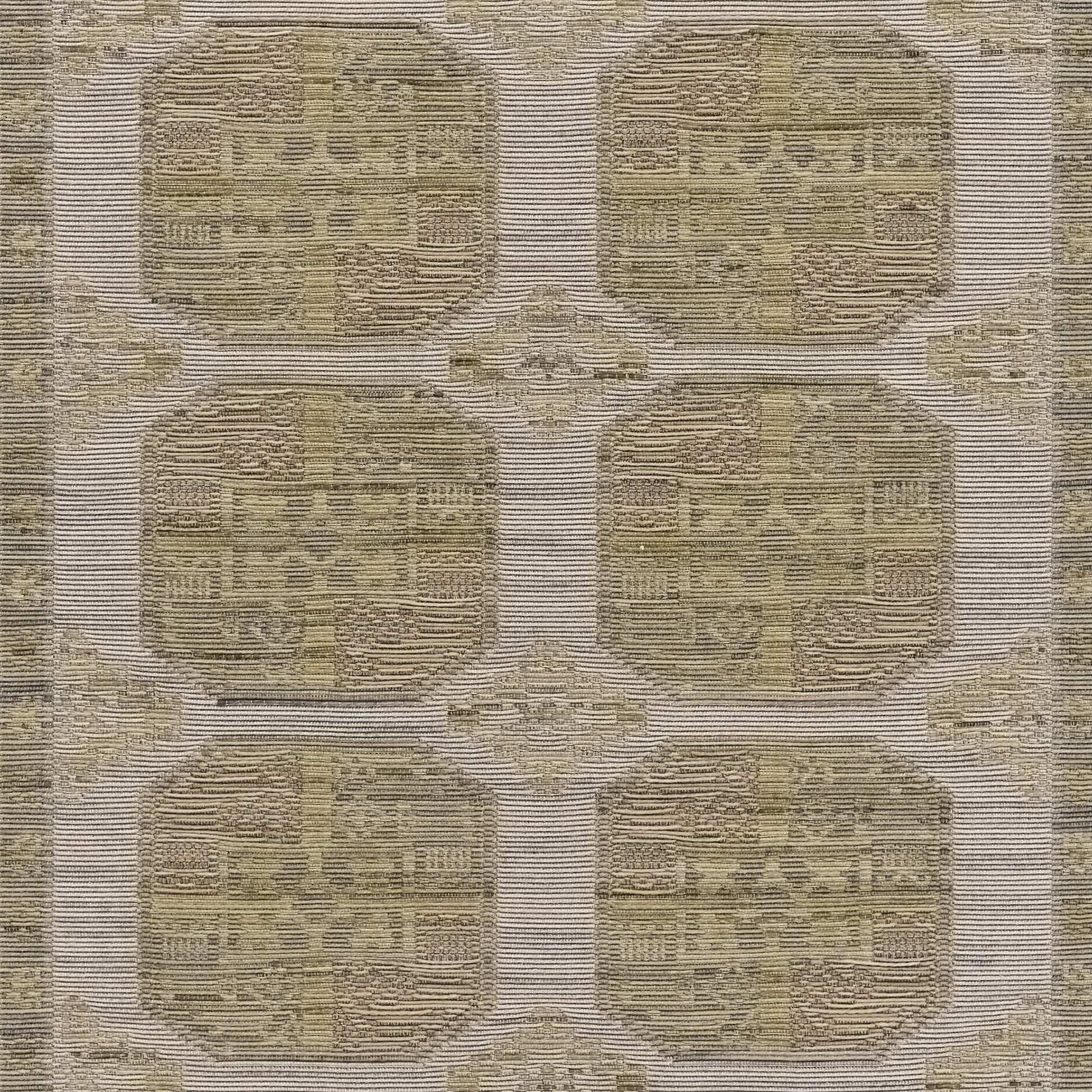 Barro Brown rug with repeating rounded-rectangle medallions in beige and brown, woven geometric motif.