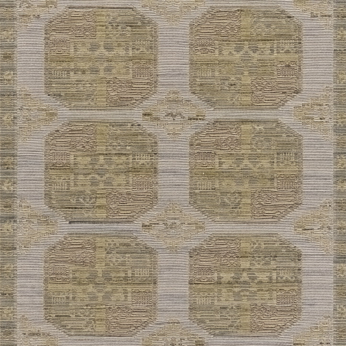 Brown-toned geometric rug with rounded square blocks in taupe and beige, textured woven pile.