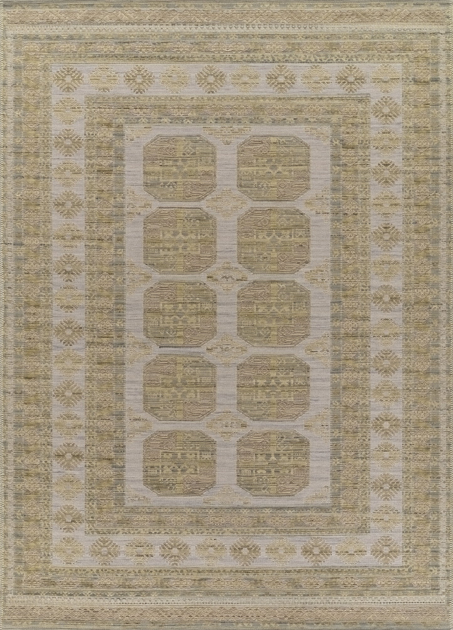 Rectangular oriental rug in warm beige and tan tones with ornate borders and a central grid of rounded-square motifs.