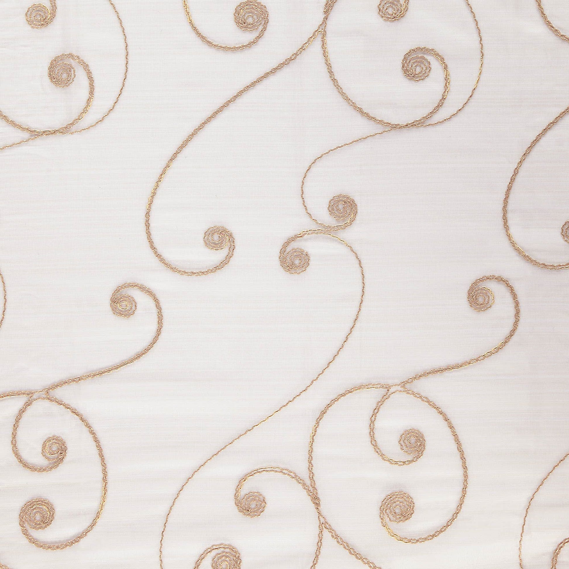 Cream fabric with gold rope-scroll motifs in a swirling pattern; embroidered, textured linen-like fabric.