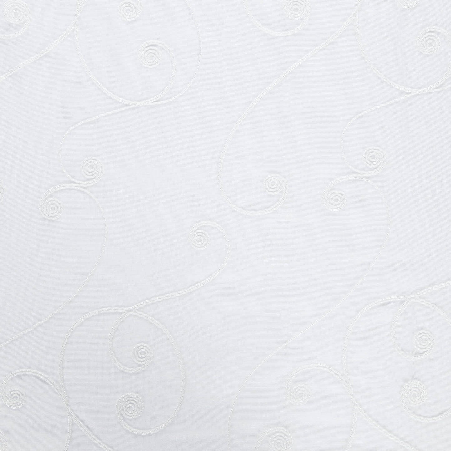 White fabric with delicate embroidered scroll pattern and subtle linen texture.