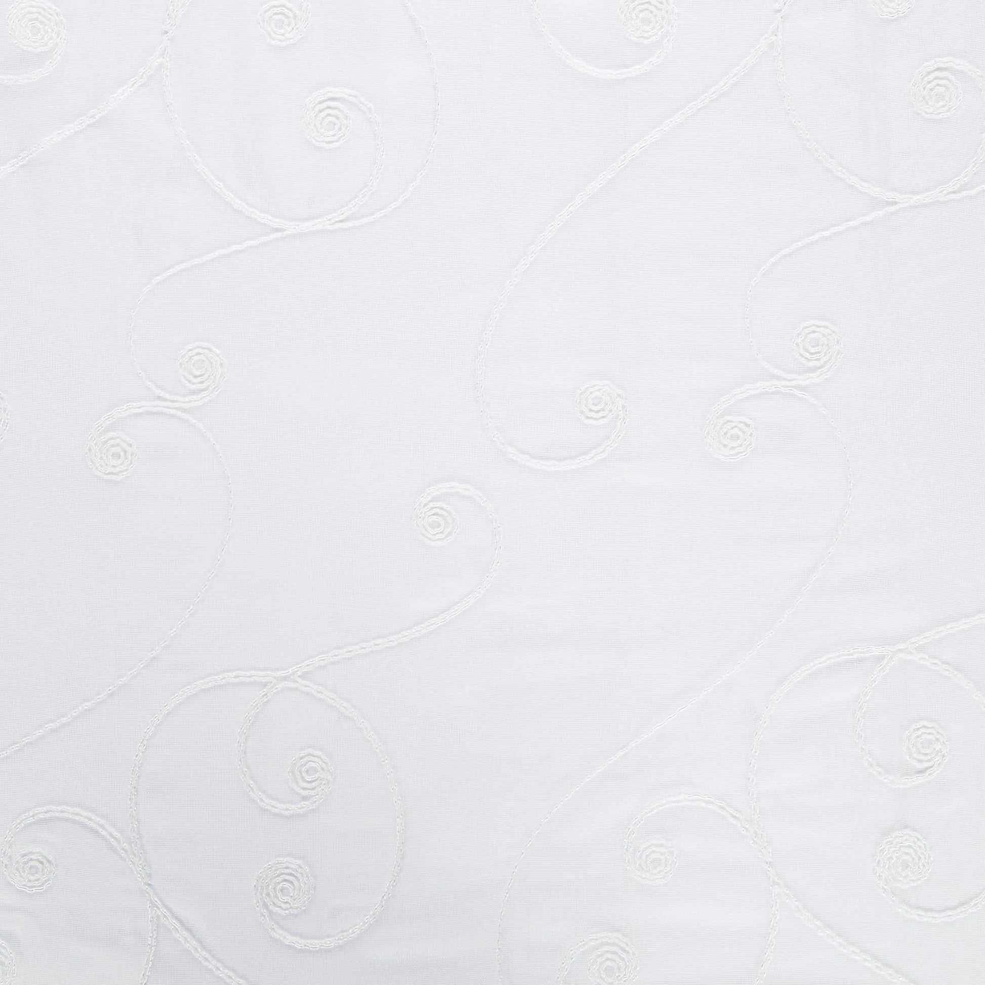 White fabric with delicate embroidered scroll pattern and subtle linen texture.