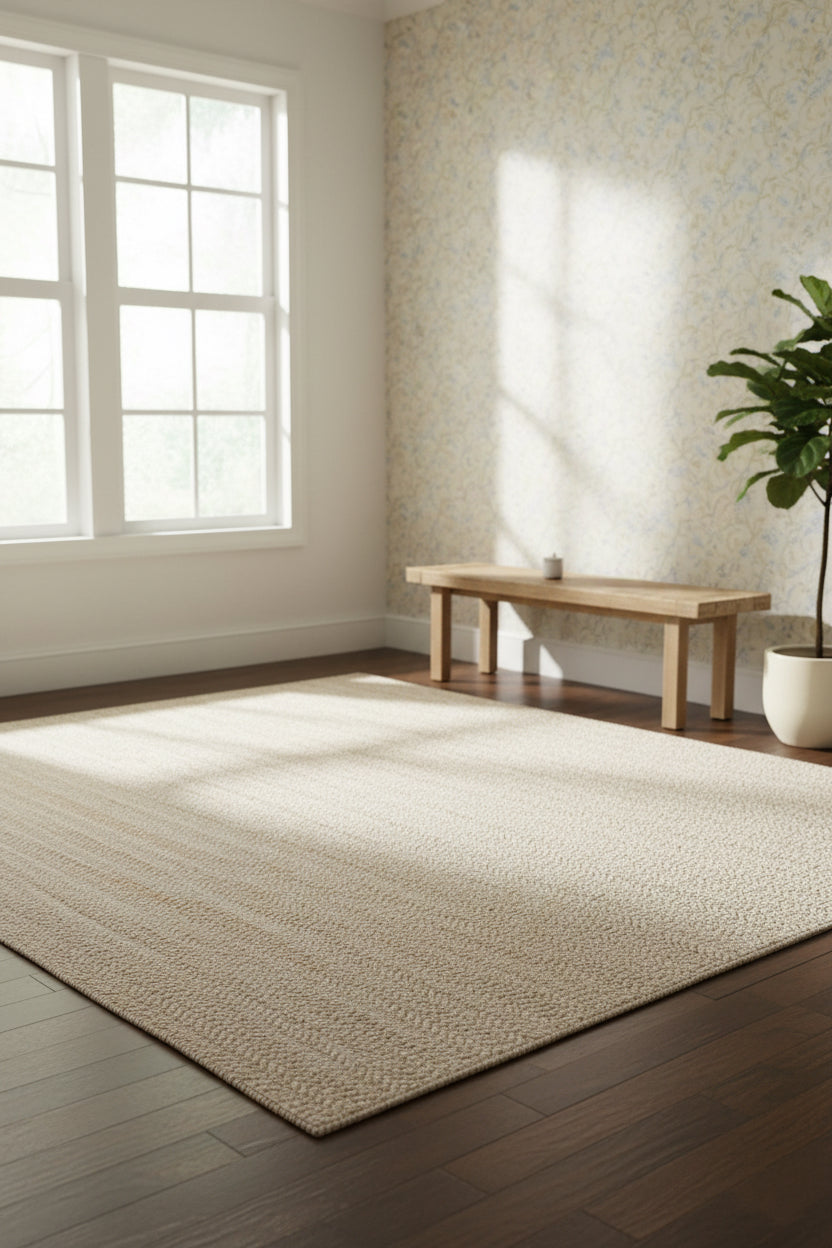 Casual style rug, 9' x 12', laid flat on the floor.