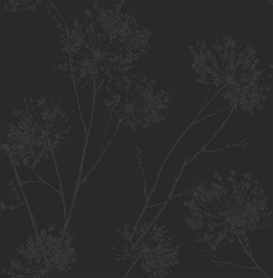 Seabrook Designs Etten Beaded Wild Grass Botanical Contemporary Black Semi-Gloss Sidewall - BD50220