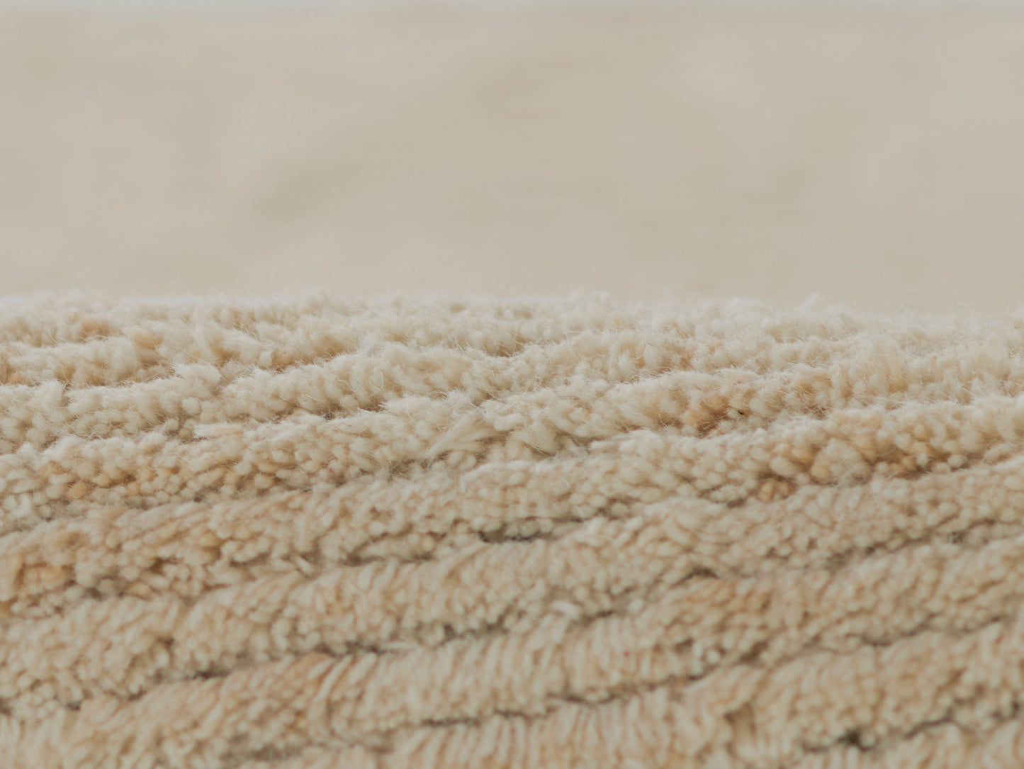 Beige shag rug close-up with fluffy dense pile and plush neutral tones.