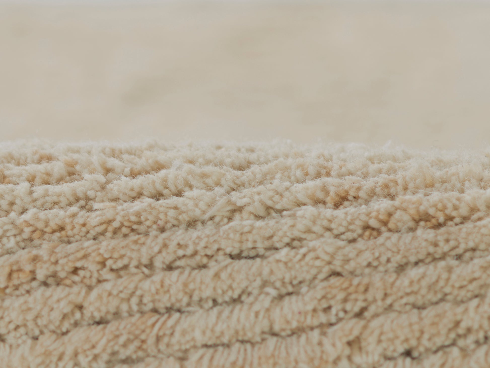 Beige shag rug close-up with fluffy dense pile and plush neutral tones.