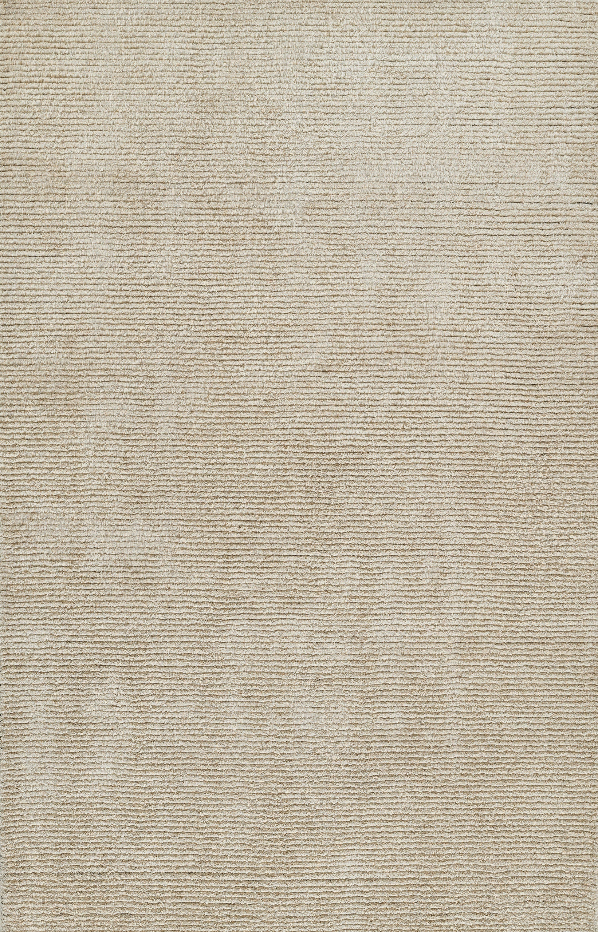 Beige textured rug with subtle horizontal ribbing and soft pile for neutral living room decor.