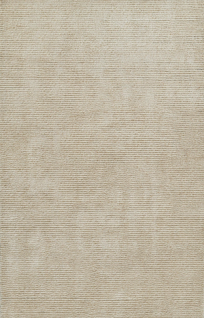 Beige textured rug with subtle horizontal ribbing and soft pile for neutral living room decor.