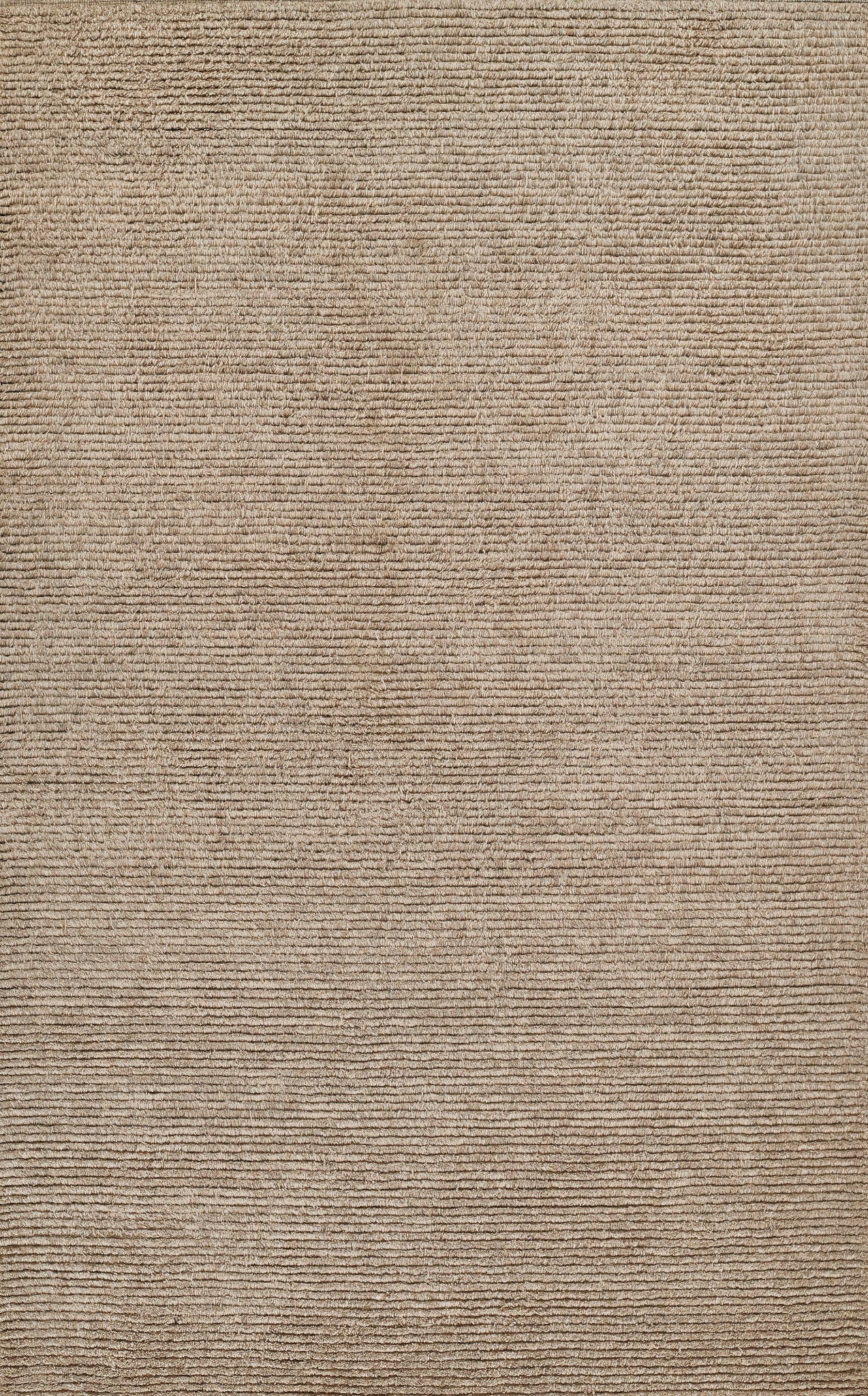 Beige textured rug with thin horizontal ridges in natural tan tones; soft loop pile.