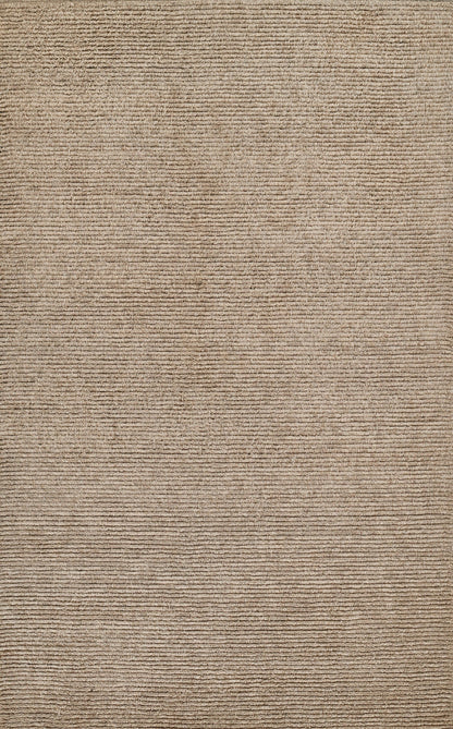 Beige textured rug with thin horizontal ridges in natural tan tones; soft loop pile.