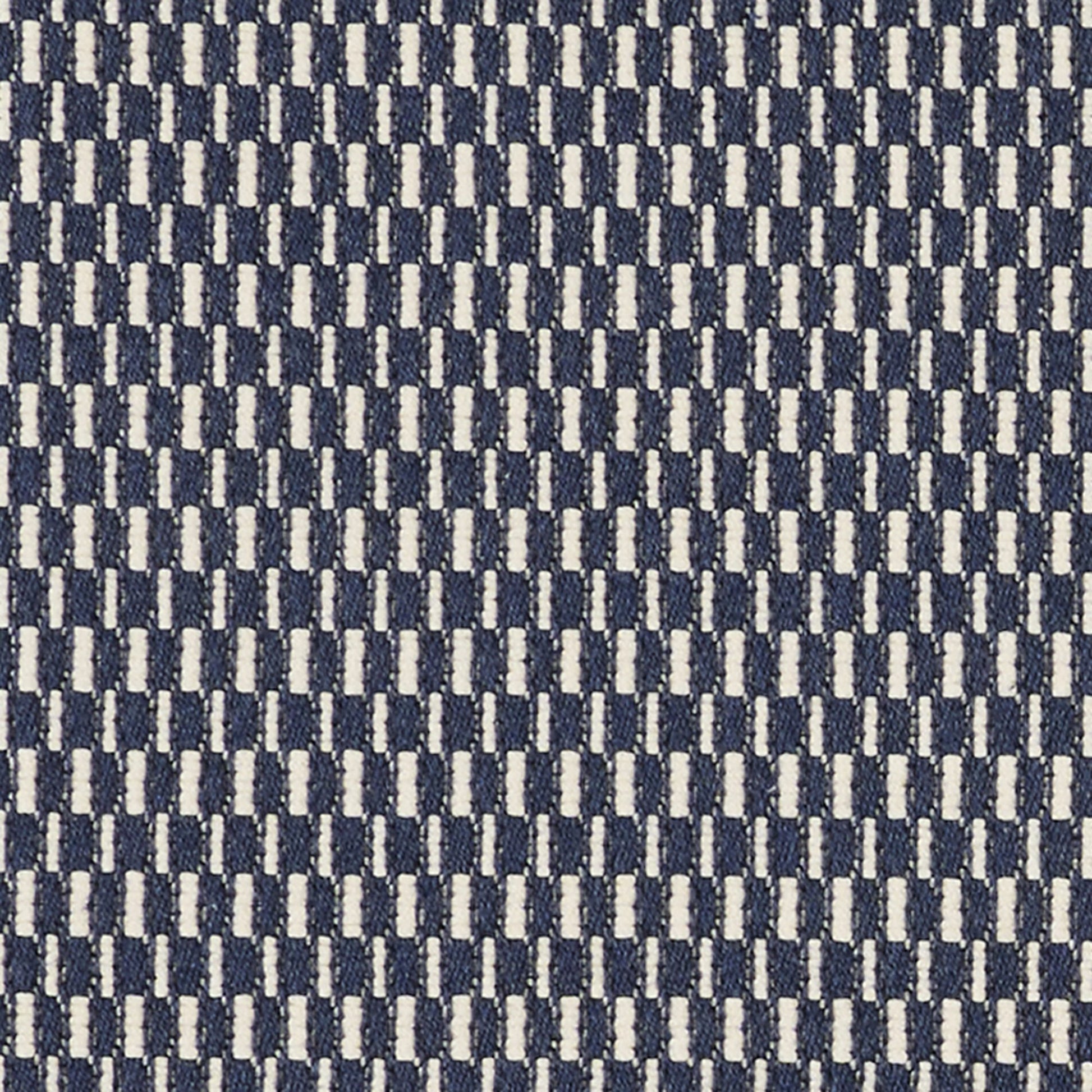 Navy blue and white check jacquard upholstery fabric for cushions or furniture.