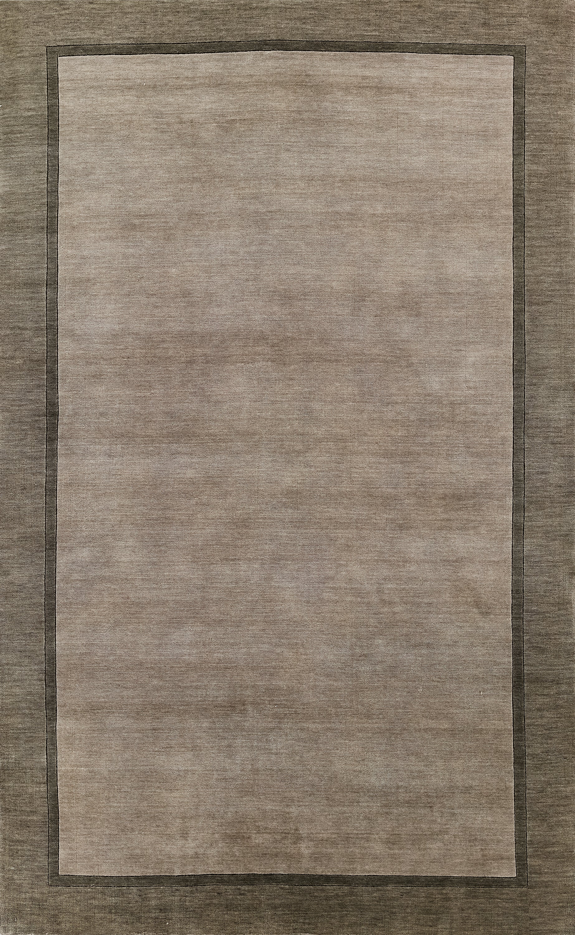 Neutral beige-gray rectangular area rug with a lighter central field and darker outer border.