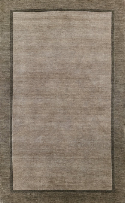 Neutral beige-gray rectangular area rug with a lighter central field and darker outer border.