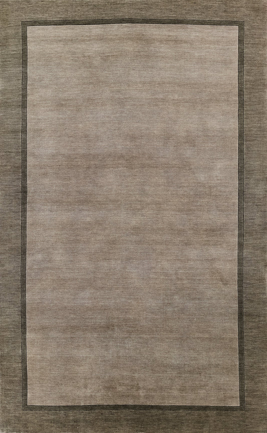 Beige-taupe rug with pale central field and double dark border for a modern minimalist look.