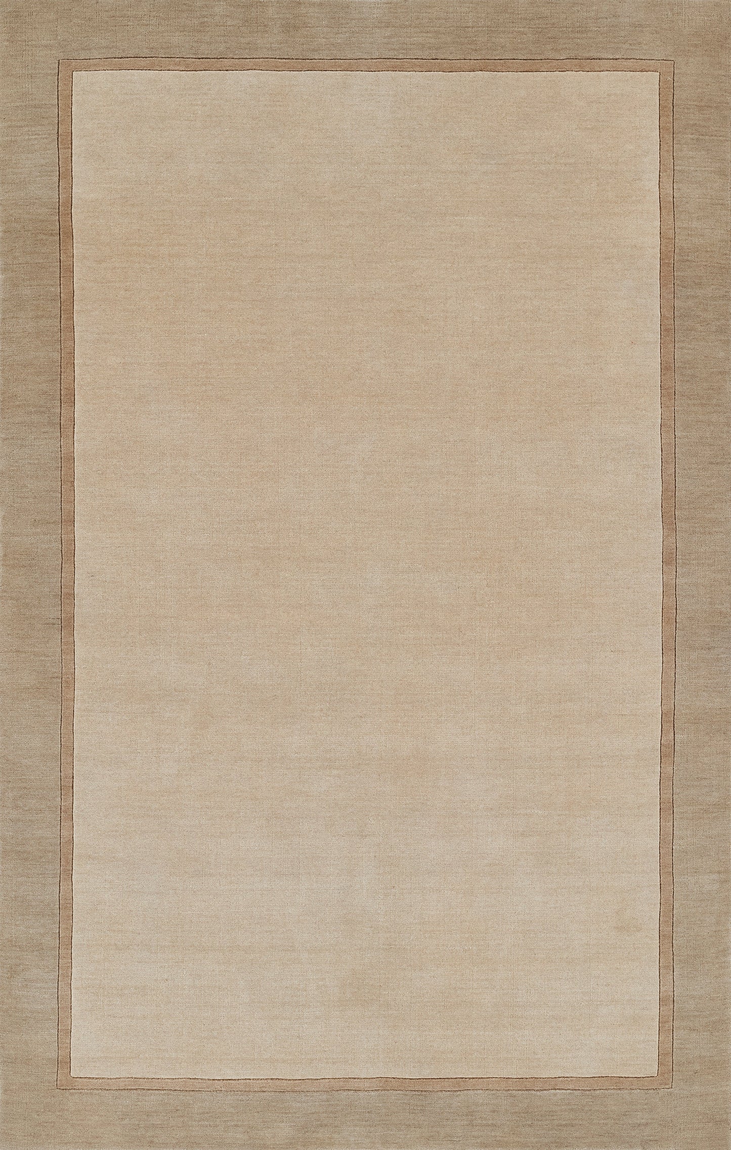 Beige area rug with a lighter central field and taupe border.