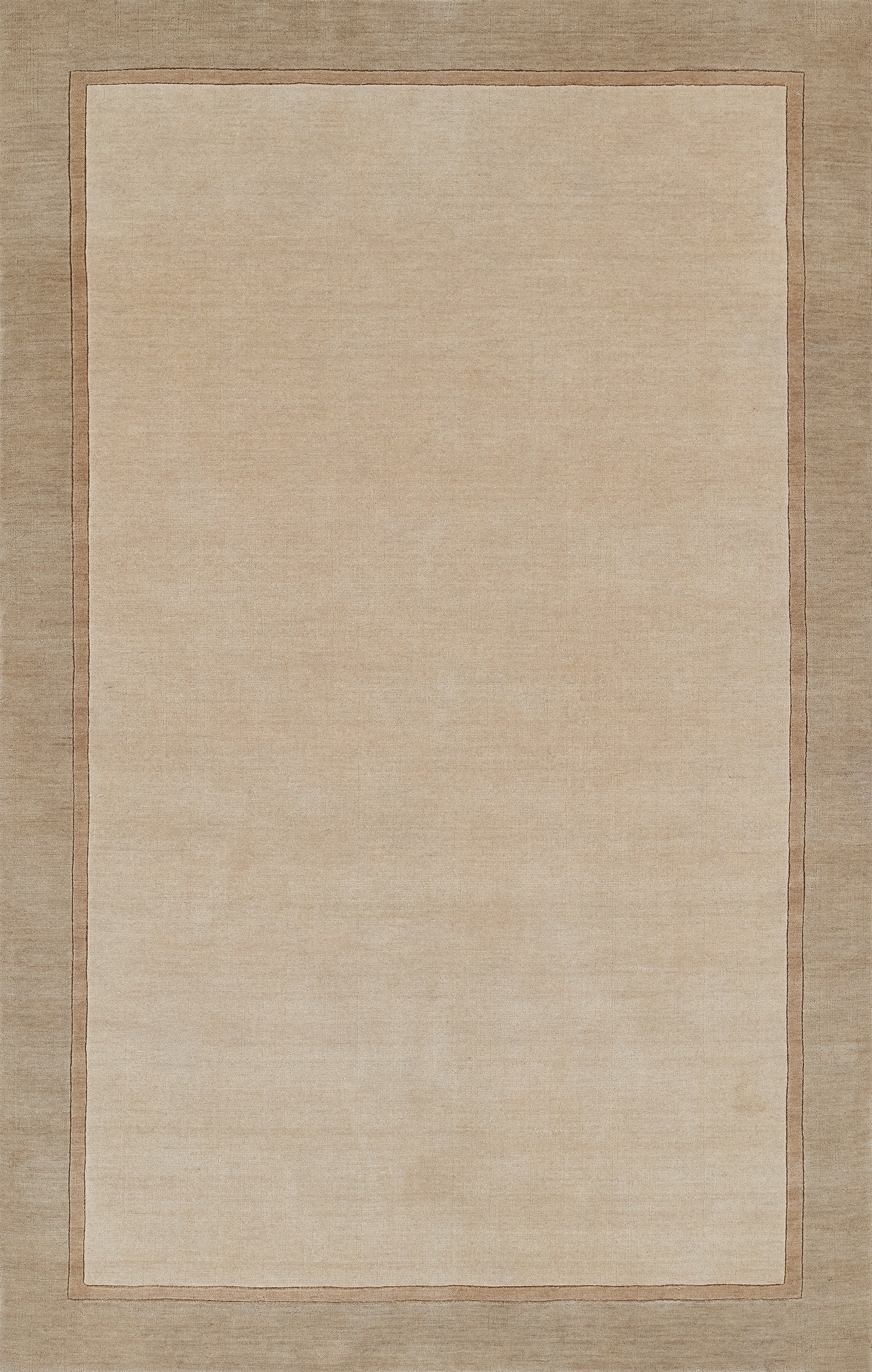 Beige area rug with a lighter central field and taupe border.