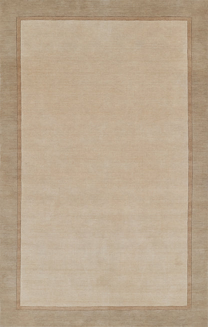Beige area rug with a lighter central field and taupe border.