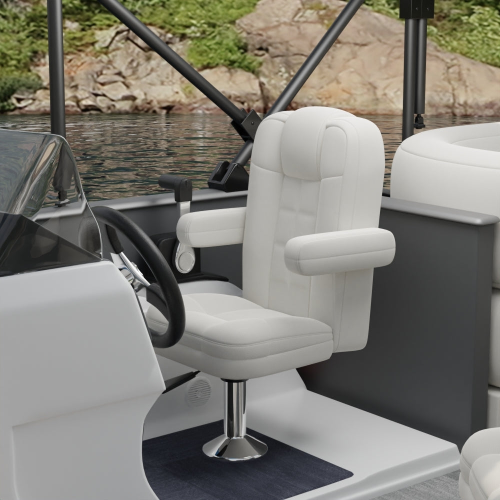 White solid fabric captain chair with padded back and armrests on a chrome pedestal.