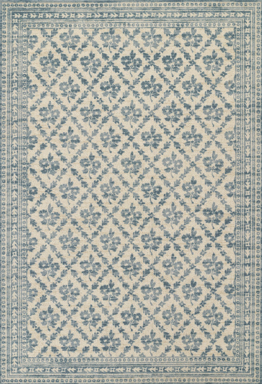Rectangular woven runner in blue and cream with diamond lattice floral motifs and ornate borders, 2' x 8'.