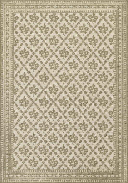 Rectangular rug in ivory & sage green with a repeating floral lattice pattern and decorative border.