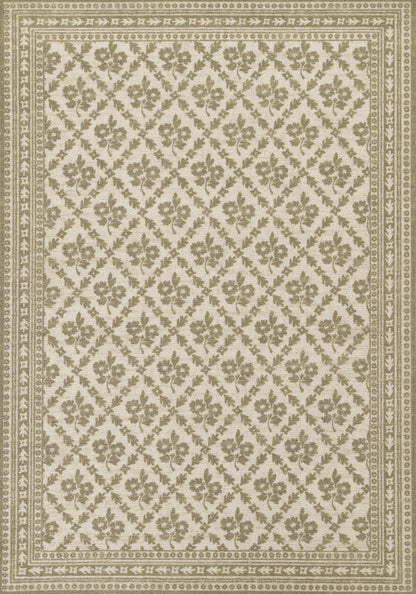 Beige oriental rug with taupe floral lattice pattern & layered borders; Persian-inspired, wool blend.