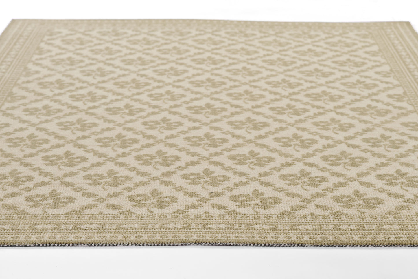 Beige rectangular area rug with taupe floral lattice pattern and decorative border, traditional style.