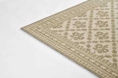 Beige and olive woven runner with geometric motif and border, flat-weave look, 2' x 8' runner, ideal for hall or living room décor.