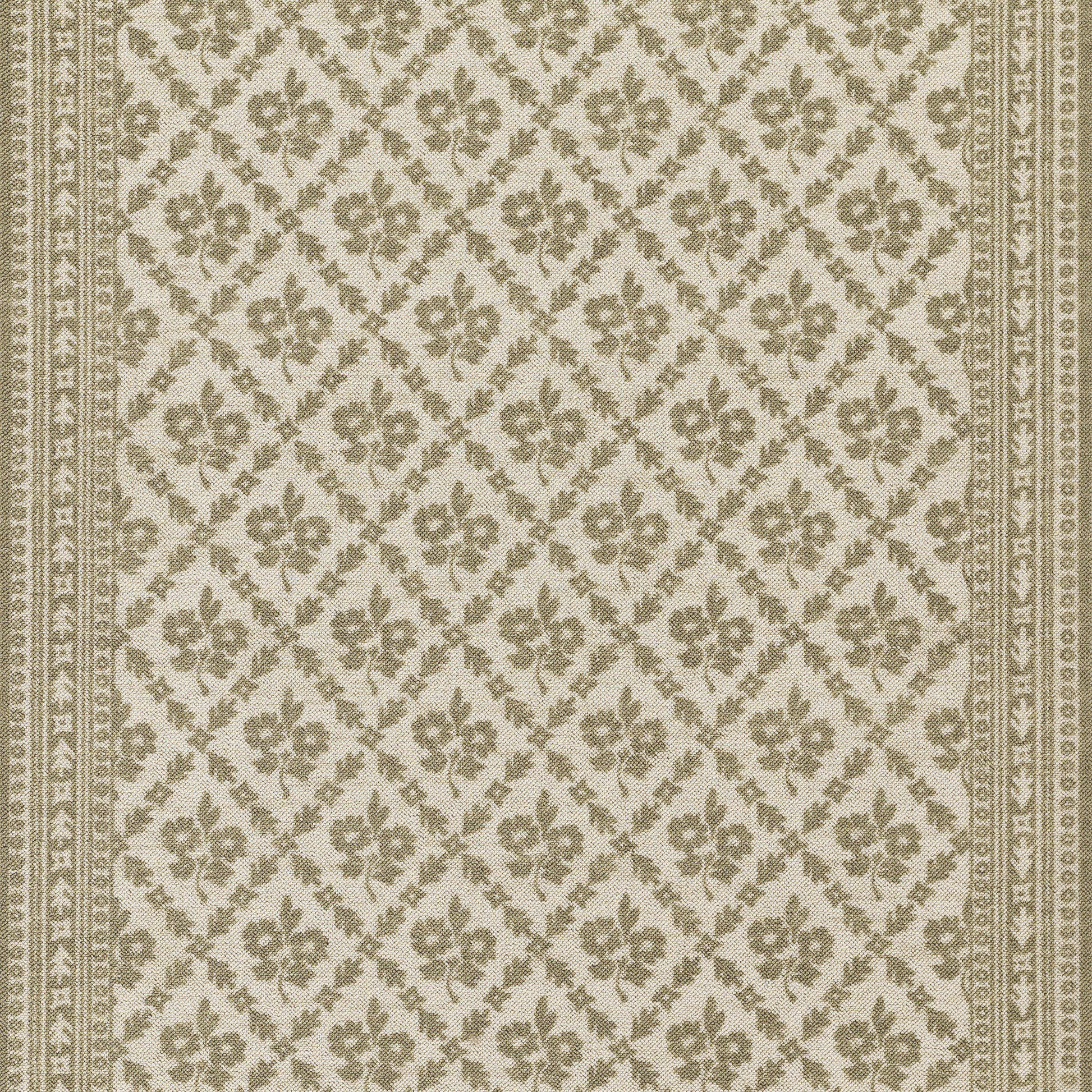 Cream-beige area rug with diamond lattice floral pattern and decorative striped border.